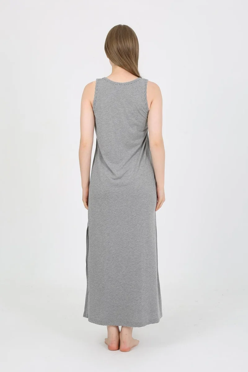 Akbeniz Women's Thick Strap Slit Long Gray Nightgown 90110