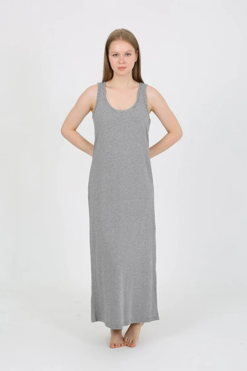 Akbeniz Women's Thick Strap Slit Long Gray Nightgown 90110