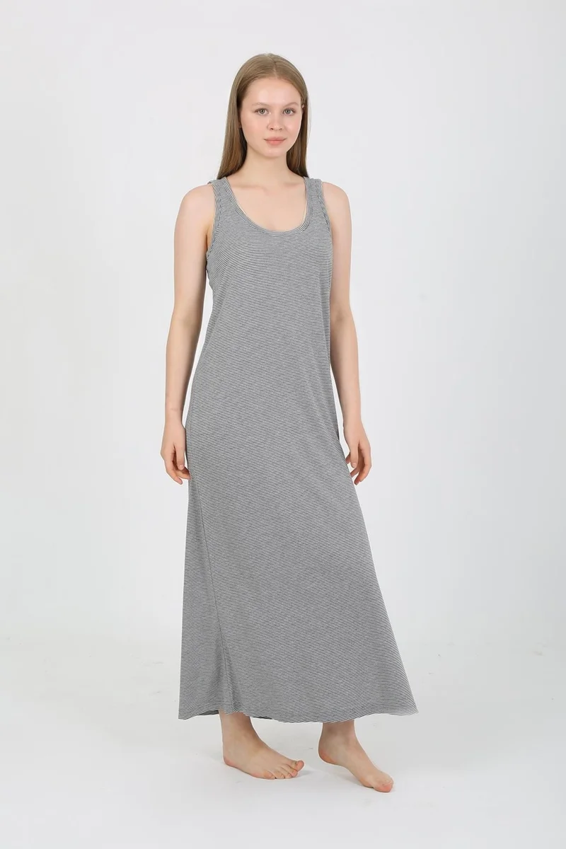 Akbeniz Women's Thick Strap Slit Long Gray Nightgown 90110