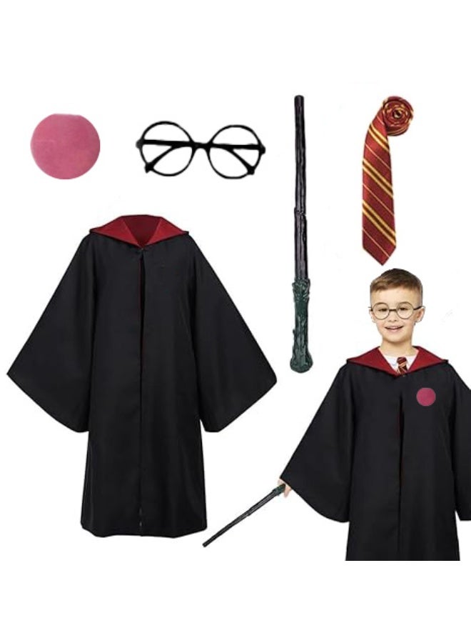 Home Smart Wizard Party Costume for Boys and Girls Wizard Robe with Tie Magic Wand Spectacle Frame and Badge for Themed Cosplay and Party Favor (Fire) - Image 1