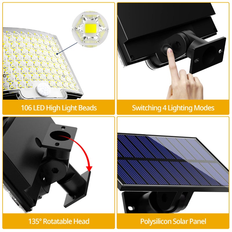 KERNOWO Solar Lights Outdoor, 106 LED 3000LM Solar Powered Motion Sensor Flood Lights with Remote, Dusk to Dawn Led Solar Security Wall Lights with 16.5Ft Cable IP65 Waterproof for Outside, Garage, 1 Pack - Image 5