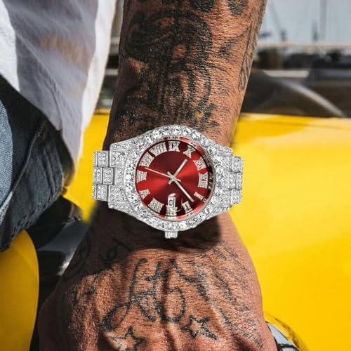 SENRUD Unisex Crystal Fashion Diamond Watch - Mens & Womens Full Iced-Out Luxury Diamond Bracelet (Silver Red) - Image 5