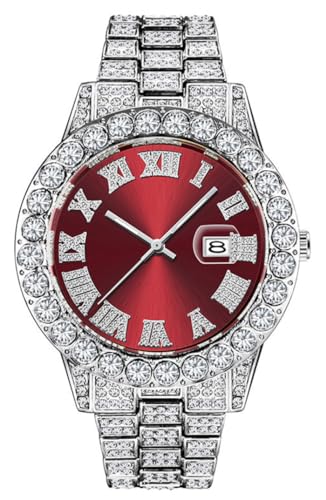 SENRUD Unisex Crystal Fashion Diamond Watch - Mens & Womens Full Iced-Out Luxury Diamond Bracelet (Silver Red) - Image 1