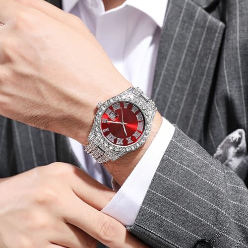 SENRUD Unisex Crystal Fashion Diamond Watch - Mens & Womens Full Iced-Out Luxury Diamond Bracelet (Silver Red) - Image 3