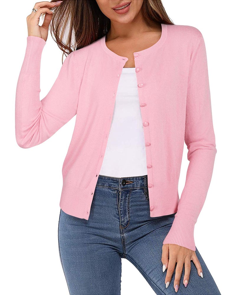 Newshows Women's 2025 Lightweight Cardigan Button Down Long Sleeve Light Crew Neck Soft Trendy Valentine Cardigan Sweater Tops(Pink,Large) - Image 1