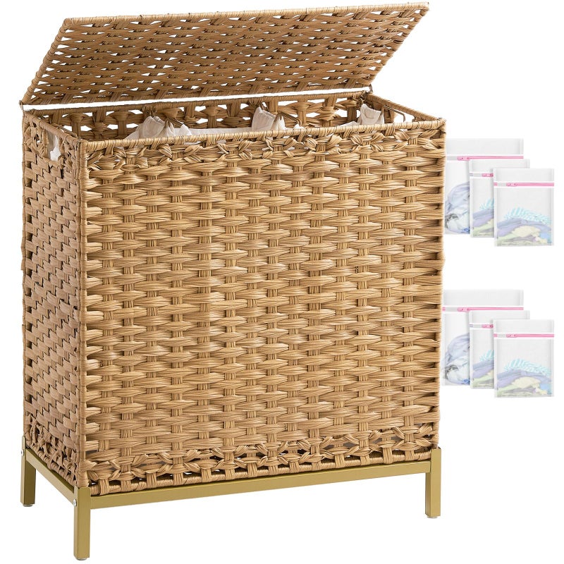 SETVSON Laundry Hamper with Lid 132 L, (35 Gallons) Clothes Hamper with Lid, Handwoven Rattan Laundry Hamper with Metal Heightened Feet, Laundry Hampers with 3 Removable Liner Bags for Laundry-Natural - Image 1