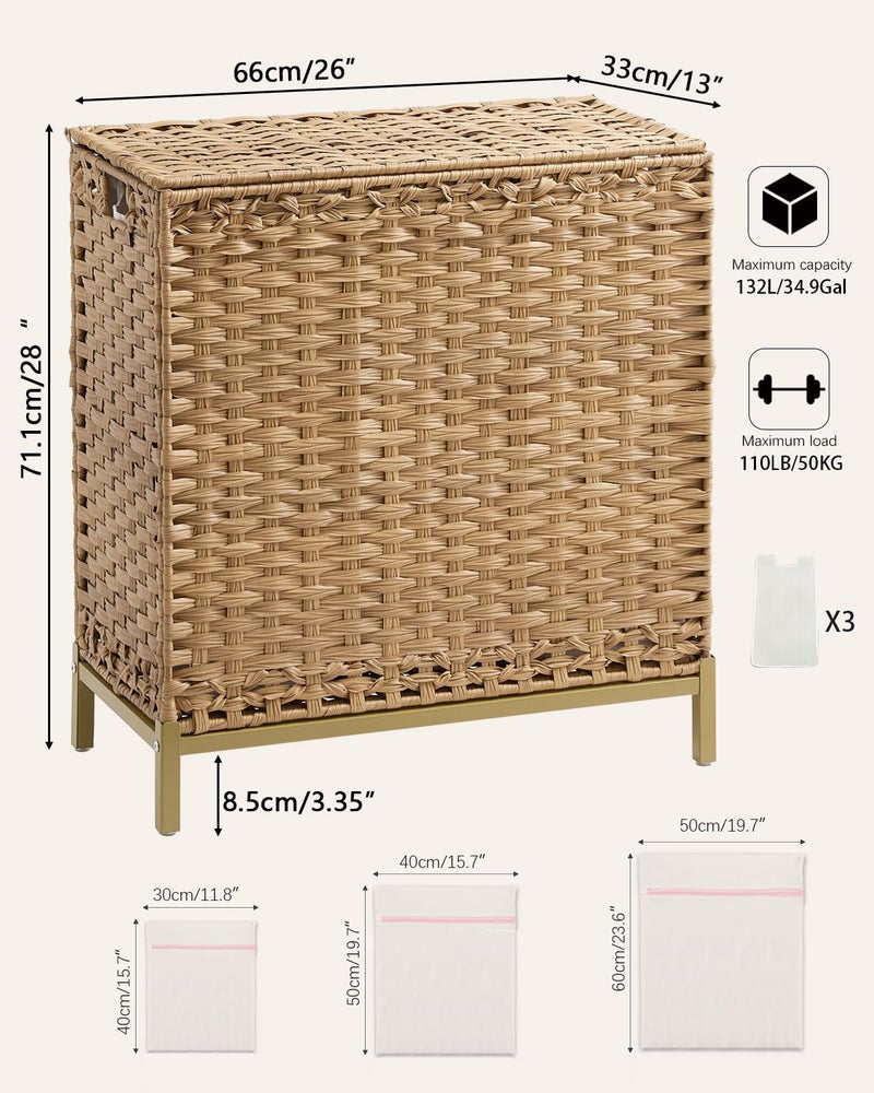 SETVSON Laundry Hamper with Lid 132 L, (35 Gallons) Clothes Hamper with Lid, Handwoven Rattan Laundry Hamper with Metal Heightened Feet, Laundry Hampers with 3 Removable Liner Bags for Laundry-Natural - Image 5