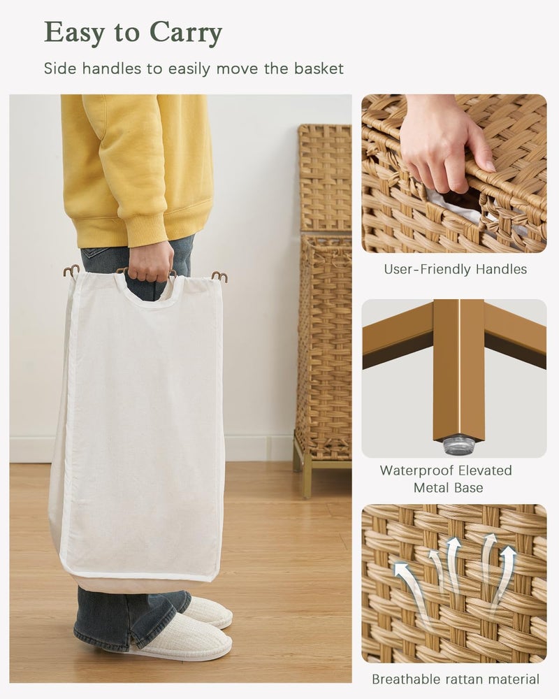 SETVSON Laundry Hamper with Lid 132 L, (35 Gallons) Clothes Hamper with Lid, Handwoven Rattan Laundry Hamper with Metal Heightened Feet, Laundry Hampers with 3 Removable Liner Bags for Laundry-Natural - Image 4