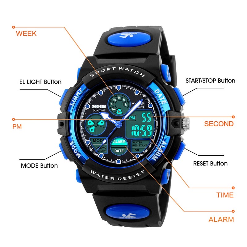 Dayllon Boys Digital Watch Outdoor Sports 50M Waterproof Electronic Watches Alarm Clock 12/24 H Stopwatch Calendar Wristwatch - Black Blue - Image 3