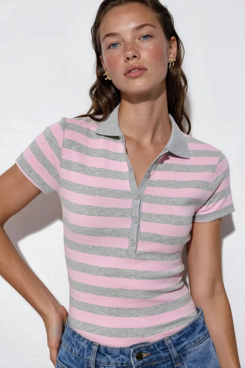 BUSEM Striped Ribbed Polo Blouse