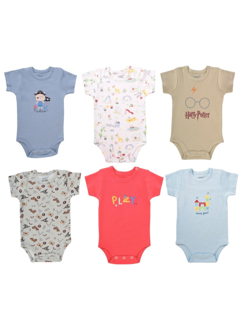Junior Baby Half Sleeve Bodysuits, 6-Pack, Multiple Designs, 100% Cotton - Baby Boy - Image 1