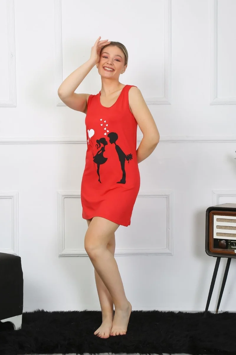 Akbeniz Women's Thick Strap Combed Cotton Above Knee Red Nightgown 11310