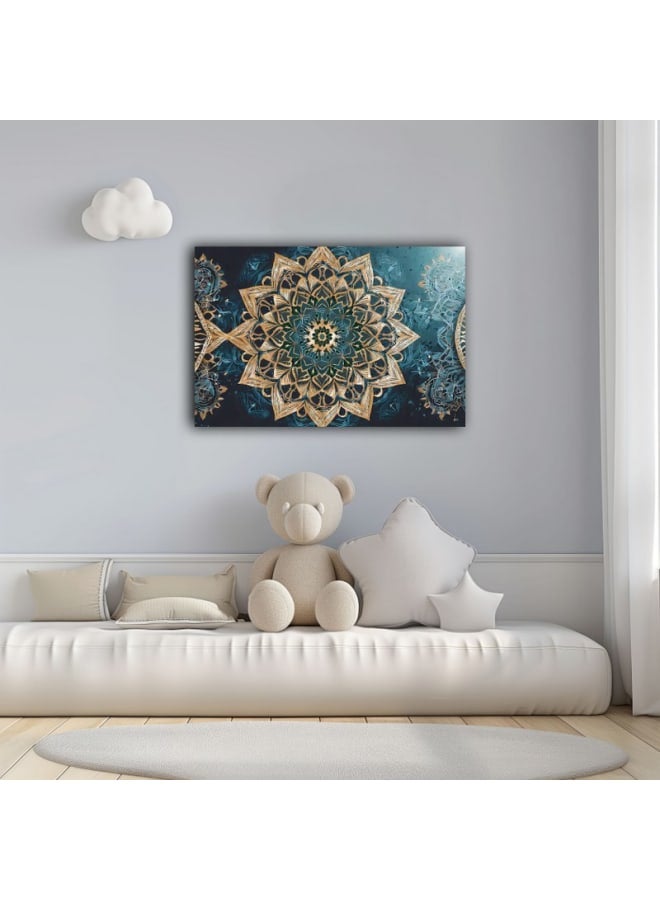 هوم جاليري لوحة فنية جدارية مطبوعة على قماش من ماندالا زرقاء وذهبية معقدة على خلفية زرقاء داكنة - Image 1
