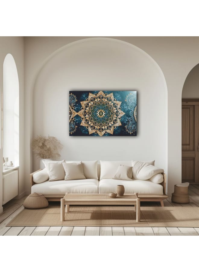 هوم جاليري لوحة فنية جدارية مطبوعة على قماش من ماندالا زرقاء وذهبية معقدة على خلفية زرقاء داكنة - Image 2