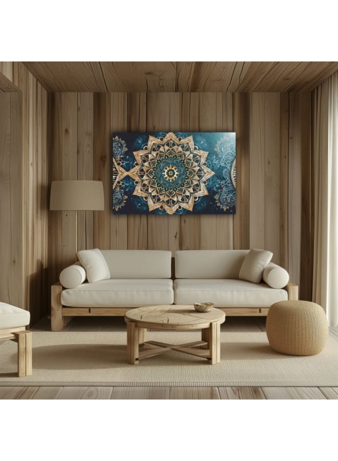 هوم جاليري لوحة فنية جدارية مطبوعة على قماش من ماندالا زرقاء وذهبية معقدة على خلفية زرقاء داكنة - Image 4