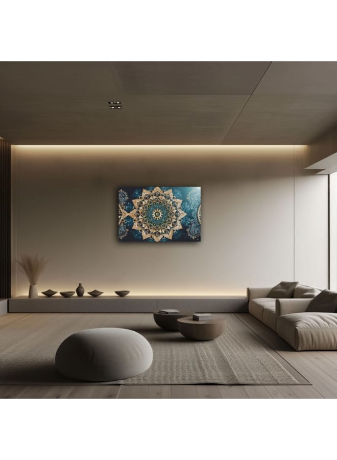 هوم جاليري لوحة فنية جدارية مطبوعة على قماش من ماندالا زرقاء وذهبية معقدة على خلفية زرقاء داكنة - Image 5