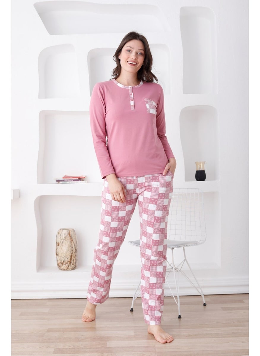 Bie's Plaid Women's Pajama Set - 3 Button Long Sleeve Lycra Combed Cotton Pocket Bottoms  - Image 2