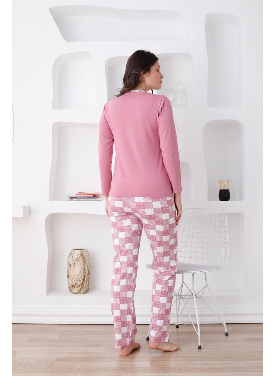 Bie's Plaid Women's Pajama Set - 3 Button Long Sleeve Lycra Combed Cotton Pocket Bottoms  - Image 4