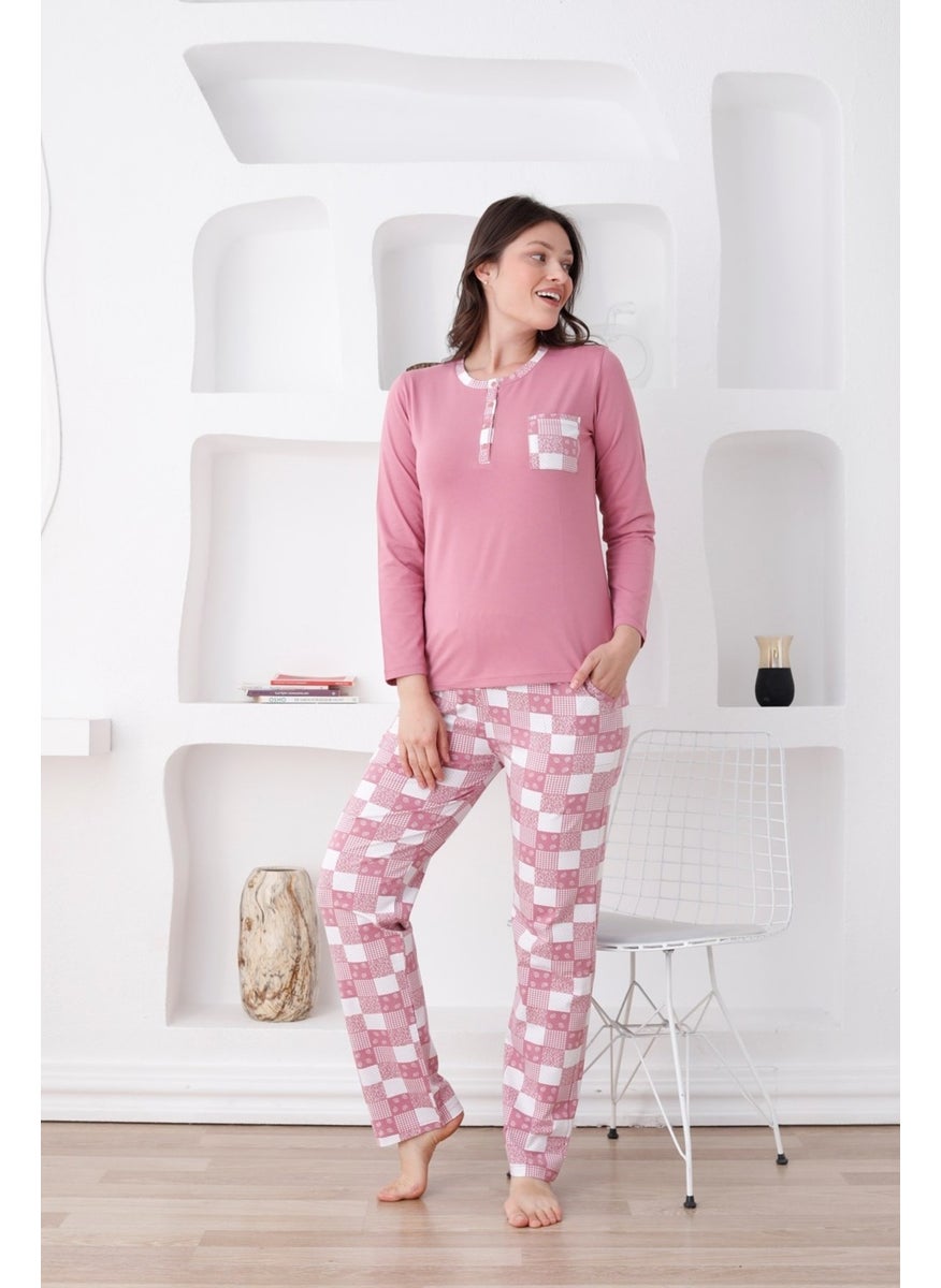 Bie's Plaid Women's Pajama Set - 3 Button Long Sleeve Lycra Combed Cotton Pocket Bottoms  - Image 5