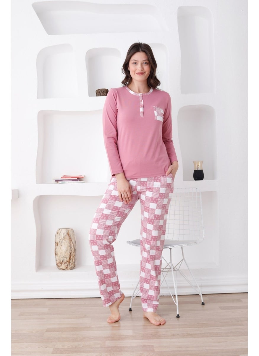 Bie's Plaid Women's Pajama Set - 3 Button Long Sleeve Lycra Combed Cotton Pocket Bottoms  - Image 1