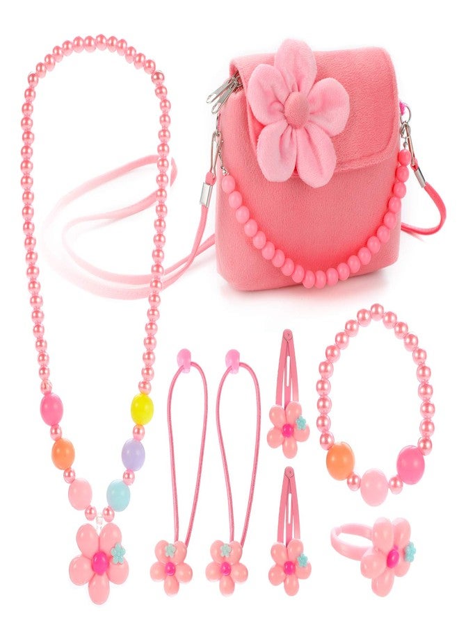 Hifot Kids Jewelry Little Girls Plush Handbag Necklace Bracelet Ring Hair Clips Set, Jewelry Party Favors Gift for Dress up Pretend Play - Image 1