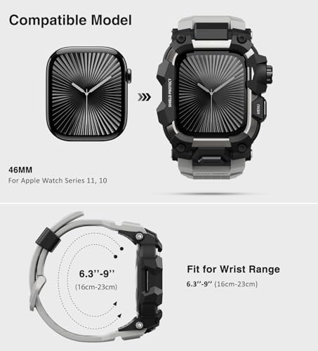 ULTIMAL Rugged Case with Band for Apple Watch 46mmCompatible with Apple Watch Series 1110 Military Grade Shockproof Bumper Cover for iWatch Tactical Band Men 46mmGrey - Image 3