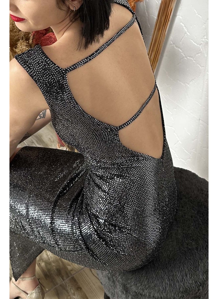 Due Stelle Shiny Black Lycra V-Slit Evening Dress - Party Dance Dress  - Image 5