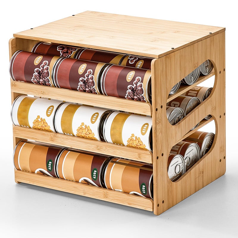 Aminigram Soup Can Organizer for Pantry, 4 Tier Pantry Can Organizers and Storage, Rolling Bamboo Canned Food Storage for Countertop Kitchen Cabinet - Image 1