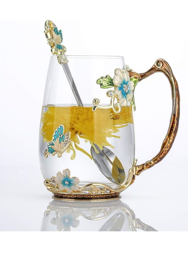 كاست ويف كوب زجاجي على شكل زهرة فراشة مع ملعقة كوب زجاجي على شكل زهرة من المينا مع تصميمات ثلاثية الأبعاد على شكل فراشة وزهرة ورد للنساء والزوجة والأم والأصدقاء وهدايا لمحبي الشاي في عيد الميلاد - Image 1