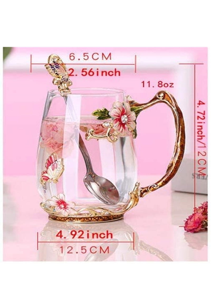 كاست ويف كوب زجاجي على شكل زهرة فراشة مع ملعقة كوب زجاجي على شكل زهرة من المينا مع تصميمات ثلاثية الأبعاد على شكل فراشة وزهرة ورد للنساء والزوجة والأم والأصدقاء وهدايا لمحبي الشاي في عيد الميلاد - Image 4