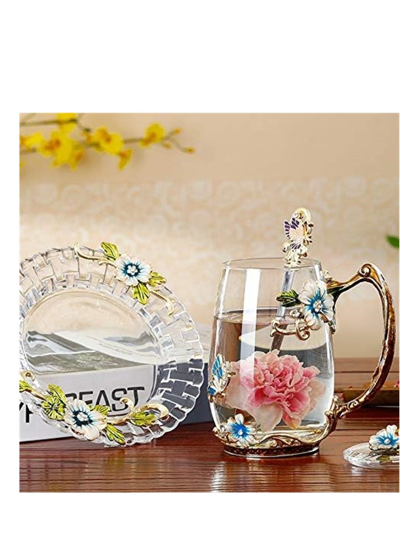 كاست ويف كوب زجاجي على شكل زهرة فراشة مع ملعقة كوب زجاجي على شكل زهرة من المينا مع تصميمات ثلاثية الأبعاد على شكل فراشة وزهرة ورد للنساء والزوجة والأم والأصدقاء وهدايا لمحبي الشاي في عيد الميلاد - Image 3