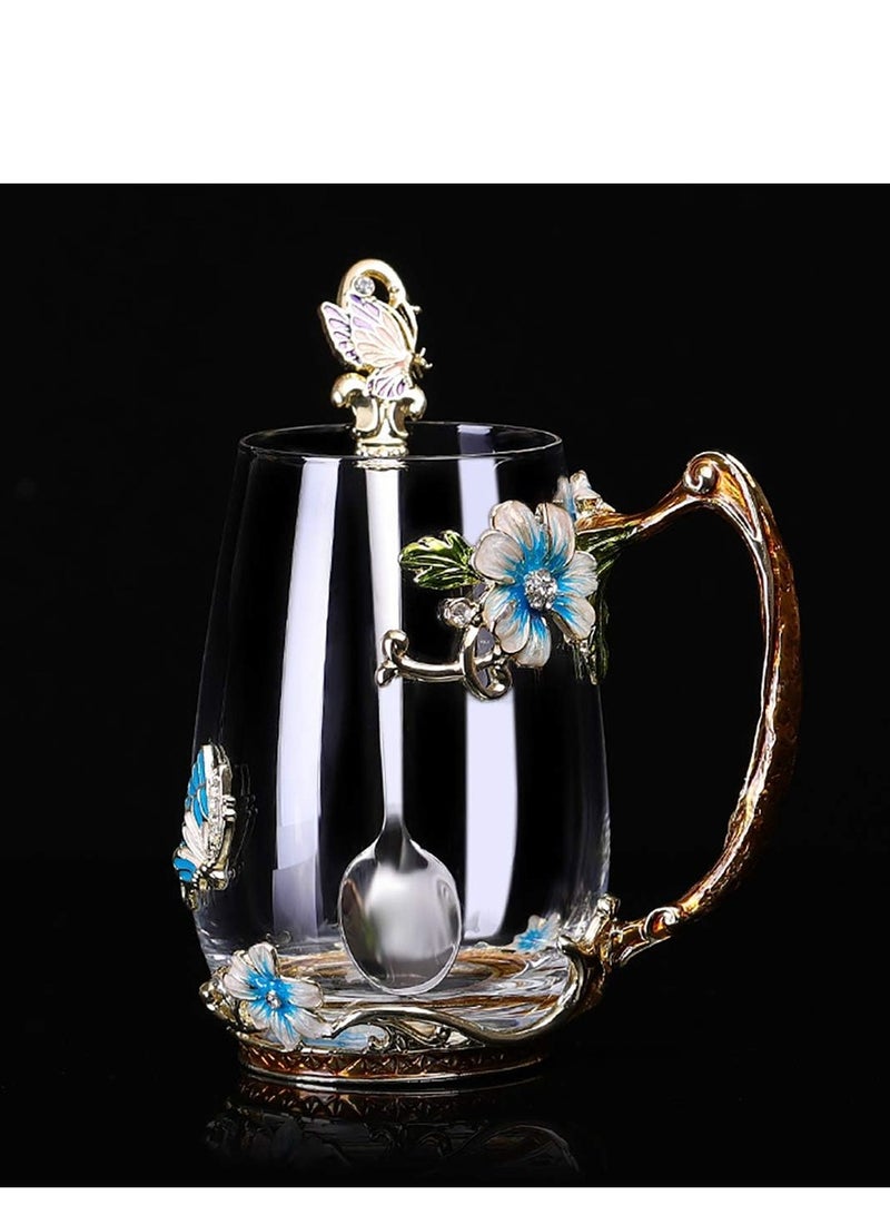 كاست ويف كوب زجاجي على شكل زهرة فراشة مع ملعقة كوب زجاجي على شكل زهرة من المينا مع تصميمات ثلاثية الأبعاد على شكل فراشة وزهرة ورد للنساء والزوجة والأم والأصدقاء وهدايا لمحبي الشاي في عيد الميلاد - Image 2