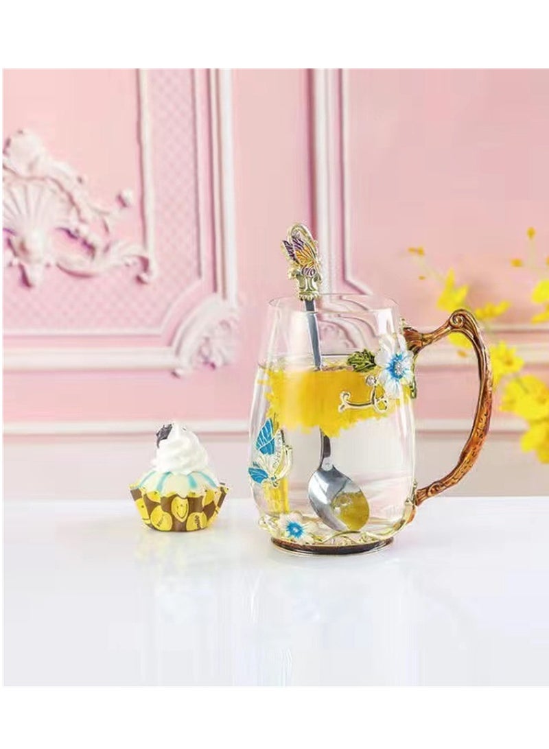 كاست ويف كوب زجاجي على شكل زهرة فراشة مع ملعقة كوب زجاجي على شكل زهرة من المينا مع تصميمات ثلاثية الأبعاد على شكل فراشة وزهرة ورد للنساء والزوجة والأم والأصدقاء وهدايا لمحبي الشاي في عيد الميلاد - Image 5
