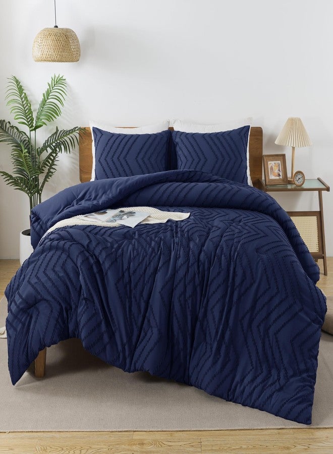 Andency Navy Blue Comforter Set Queen Size, Boho Soft Warm Tufted Bedding Comforter Sets for Queen Size Bed, 3 Pieces Aesthetic Chevron Farmhouse Cute Bohemian Textured Bed Set - Image 3