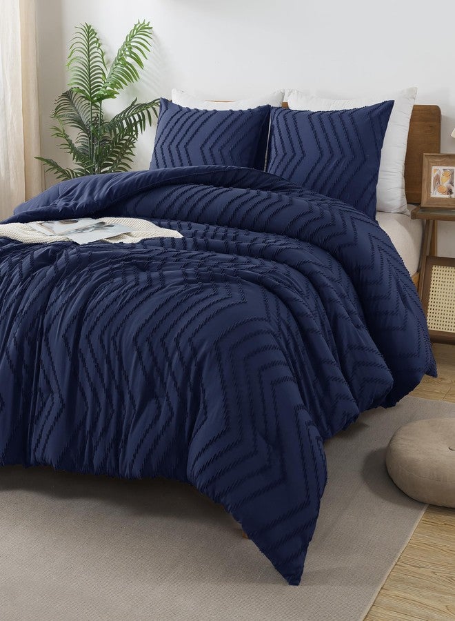 Andency Navy Blue Comforter Set Queen Size, Boho Soft Warm Tufted Bedding Comforter Sets for Queen Size Bed, 3 Pieces Aesthetic Chevron Farmhouse Cute Bohemian Textured Bed Set - Image 2