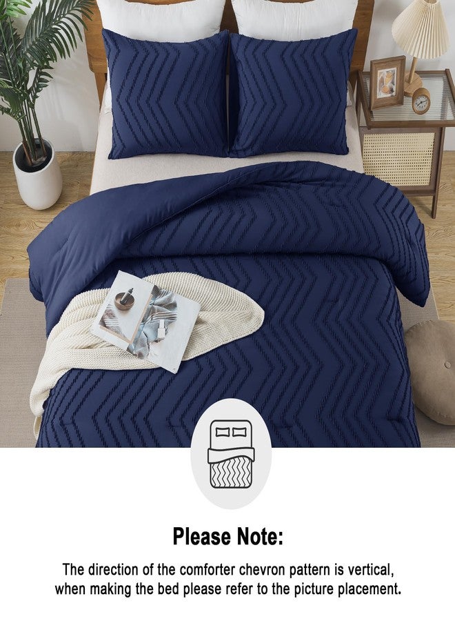 Andency Navy Blue Comforter Set Queen Size, Boho Soft Warm Tufted Bedding Comforter Sets for Queen Size Bed, 3 Pieces Aesthetic Chevron Farmhouse Cute Bohemian Textured Bed Set - Image 5