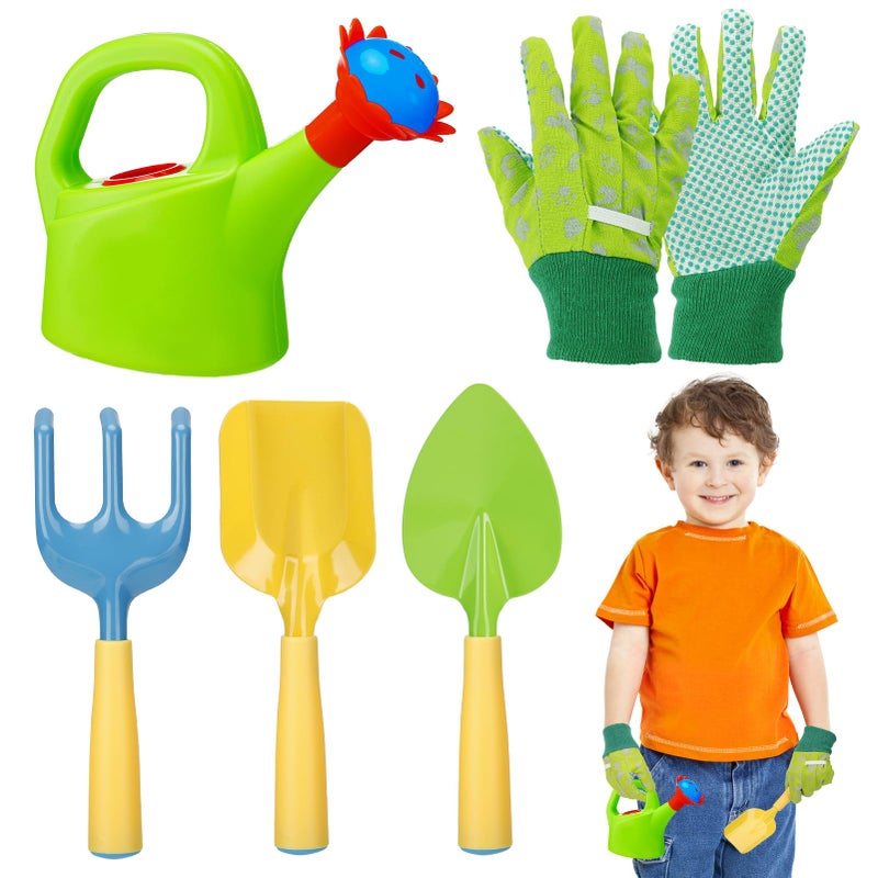Biubee Kids Gardening Tools Set Sturdy Watering Can Toy Set with Metal Shovel Hand Rake Kids Gloves Toddler Gardening Kit Garden Toys for Outdoor Beach Sand Toy Gift Green - Image 3