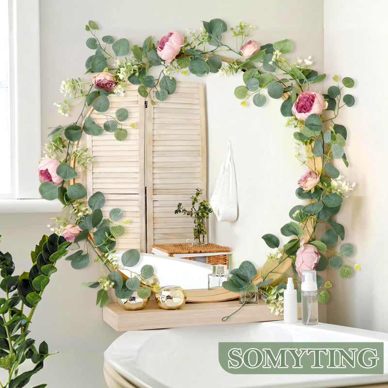 SOMYTING Artificial Flowers Garland 6FT Eucalyptus Flower Garlands Vintage Peony Rose Vine Faux Floral Garland for Wedding Party Arch Table Wall Backdrop Decoration (Vintage Pink, 4PCS) - Image 2