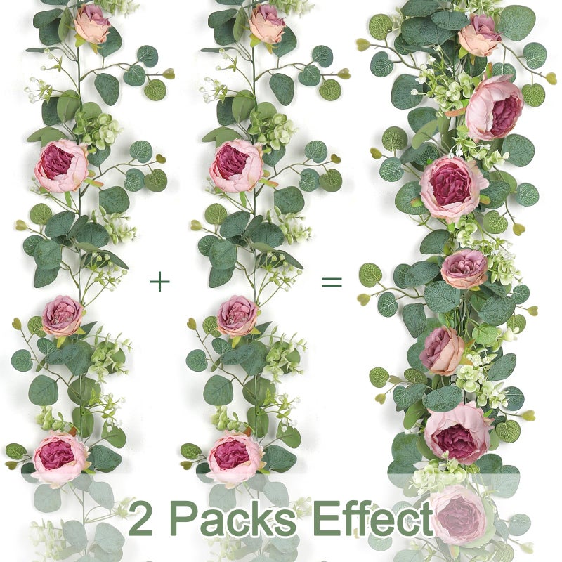 SOMYTING Artificial Flowers Garland 6FT Eucalyptus Flower Garlands Vintage Peony Rose Vine Faux Floral Garland for Wedding Party Arch Table Wall Backdrop Decoration (Vintage Pink, 4PCS) - Image 4