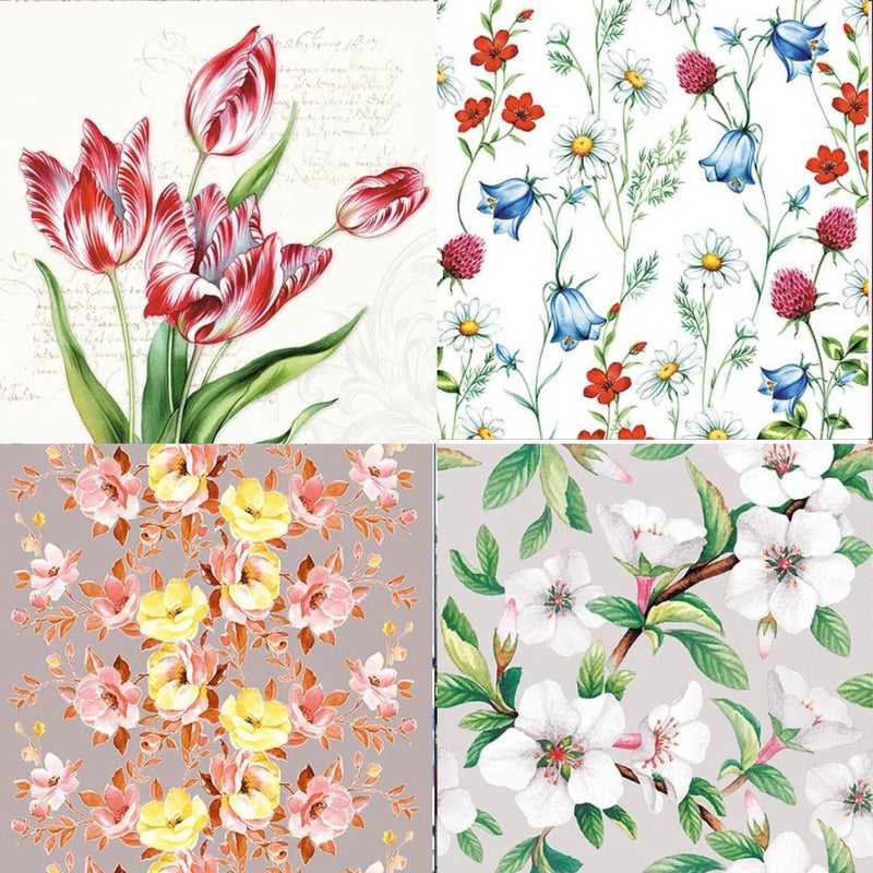 Decoupage Napkins Floral Print Set 17-4 Decoupage Tissues -1 napkins of each design - total 4 pc