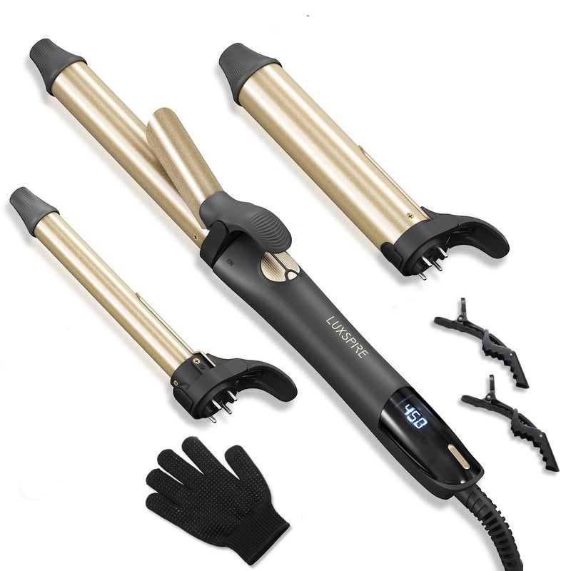 Rotating Curling Iron 3 in 1 Automatic Curling Iron Set with Interchangeable Barrel 34 1 1 14 Inch Instant Heat Dual Voltage Curling Wand for Lasting Beach Waves Gold