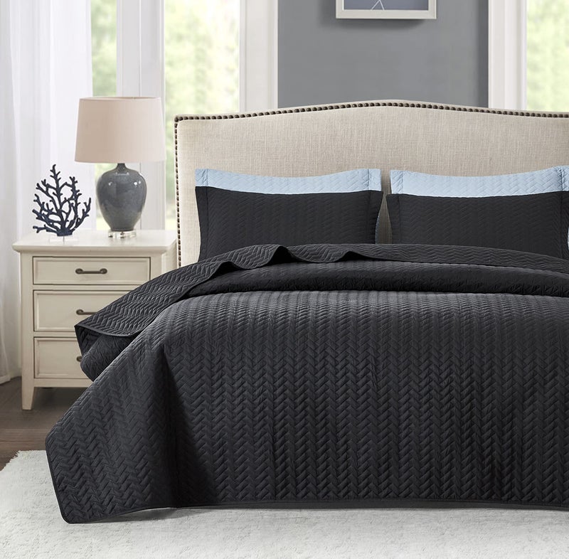 MapleStone Quilt Set Queen Size Lightweight Black Bedspread Ultrasonic Chevron Pattern Light Coverlet for All Season Comforter Bedding Decor  3 Piece Full Bed Cover Sets