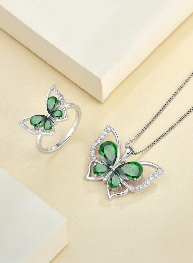 YL Butterfly Rings 925 Sterling Silver Simple Ring Created Emerald Statement Jewelry for Women-size7 - Image 5