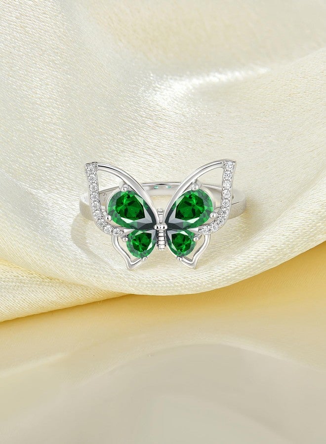 YL Butterfly Rings 925 Sterling Silver Simple Ring Created Emerald Statement Jewelry for Women-size7 - Image 4