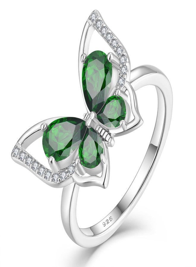 YL Butterfly Rings 925 Sterling Silver Simple Ring Created Emerald Statement Jewelry for Women-size7 - Image 1