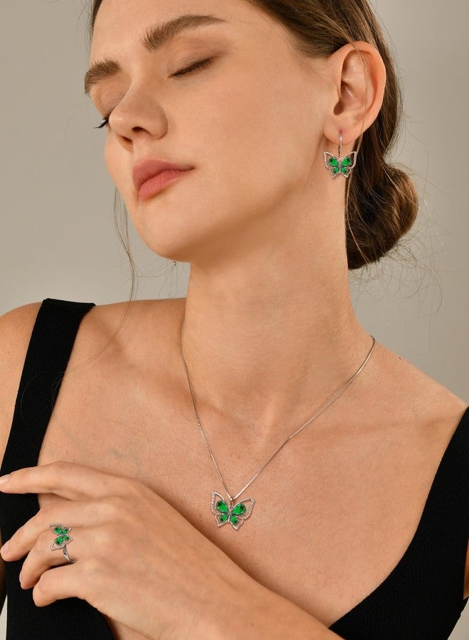 YL Butterfly Rings 925 Sterling Silver Simple Ring Created Emerald Statement Jewelry for Women-size7 - Image 3