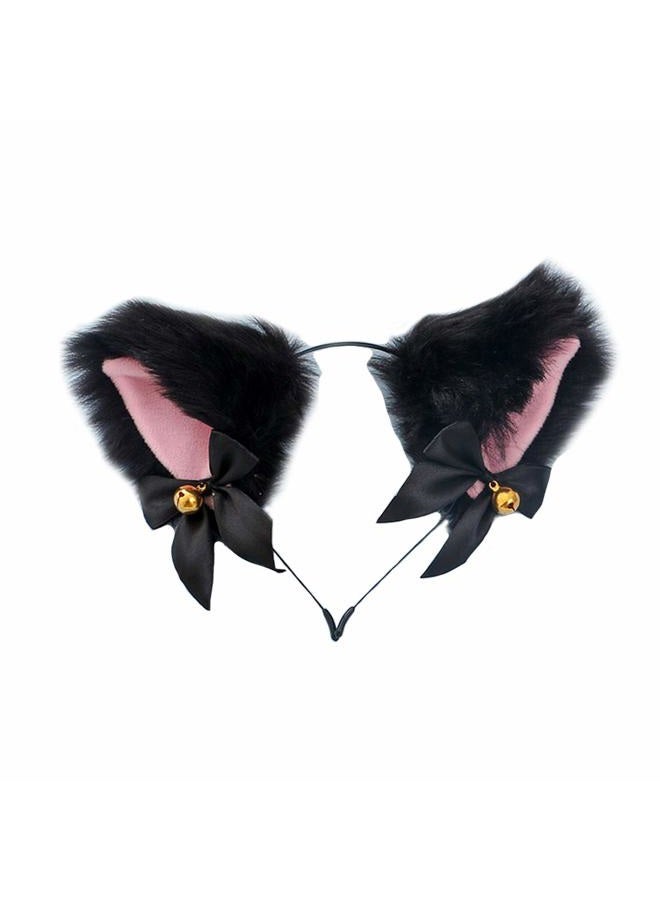 Fxaelian Animal Faux Fur Fox Cat Dog Ears Headband Halloween Cosplay Costume Party Headbands for Women Men Adult with Bell Black - Image 1