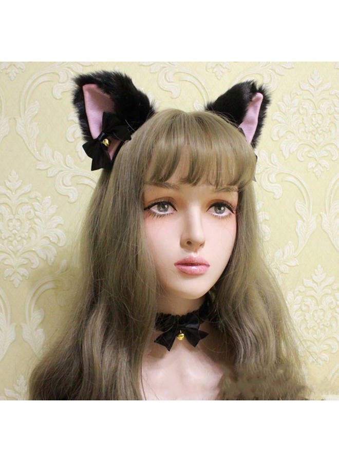 Fxaelian Animal Faux Fur Fox Cat Dog Ears Headband Halloween Cosplay Costume Party Headbands for Women Men Adult with Bell Black - Image 4