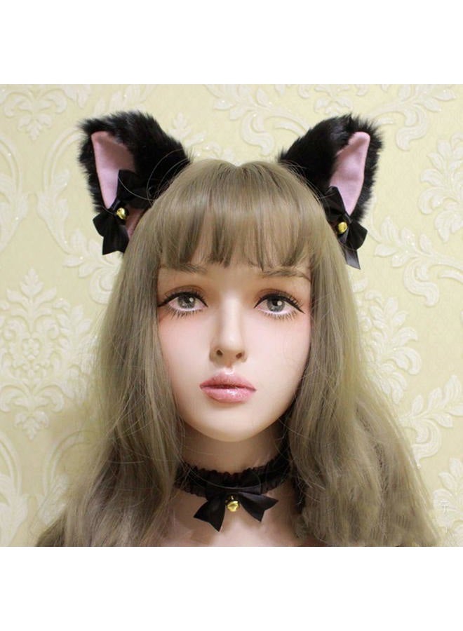 Fxaelian Animal Faux Fur Fox Cat Dog Ears Headband Halloween Cosplay Costume Party Headbands for Women Men Adult with Bell Black - Image 3