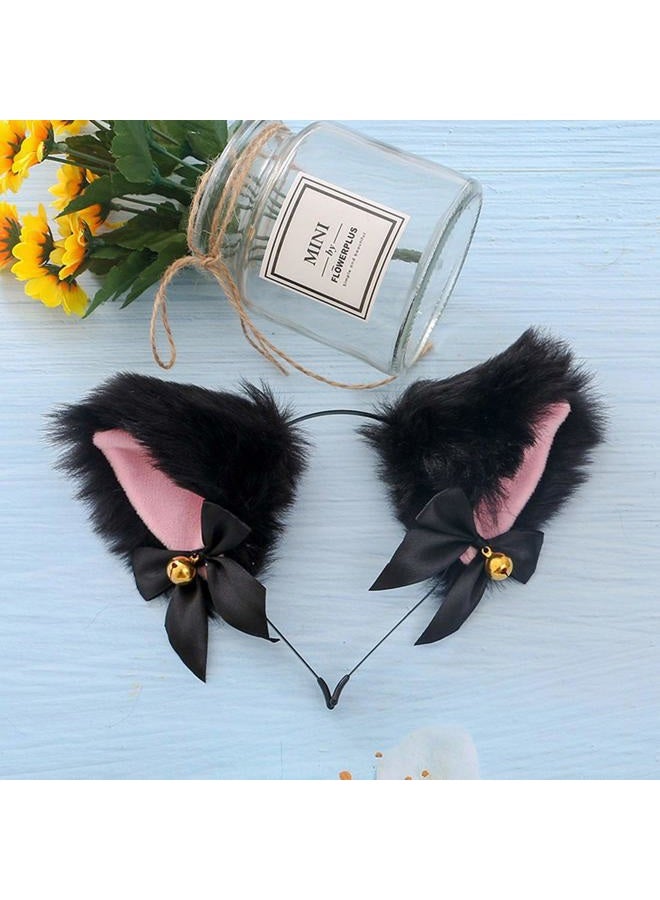 Fxaelian Animal Faux Fur Fox Cat Dog Ears Headband Halloween Cosplay Costume Party Headbands for Women Men Adult with Bell Black - Image 2